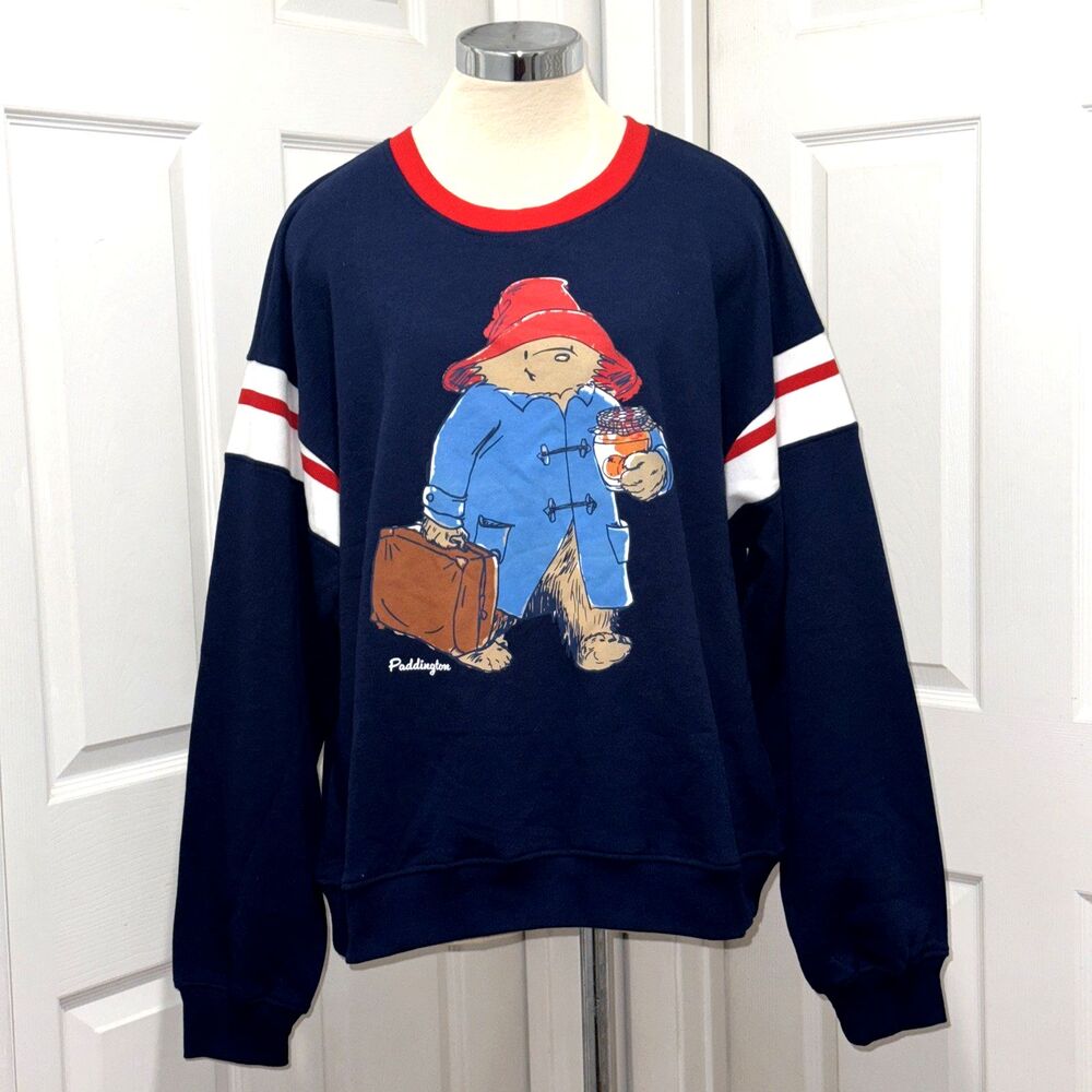 Paddington Bear Graphic XXS Womens Crewneck Sweatshirt Retro Navy Blue Red NEW